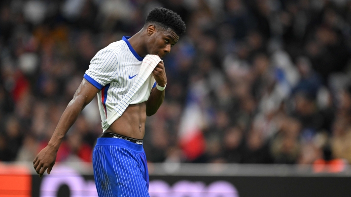 France's midfielder #08 Aurelien Tchouameni reacts during the friendly football match between France and Chile at the Stade Velodrome in Marseille, southern France, on March 26, 2024. (Photo by NICOLAS TUCAT / AFP)