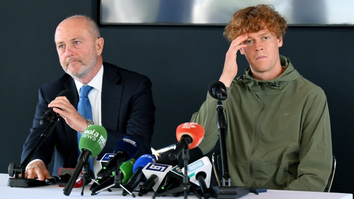 Italian tennis player Jannik Sinner (R) of Italy and Angelo Binaghi (L), president of the Italian tennis federation, attend a press conference, in Rome, Italy, 05 May 2024. Sinner announced Saturday he will not play at the upcoming Italian Open tennis tournament due to a hip injury which forced him out in Madrid earlier this week.   ANSA/ETTORE FERRARI