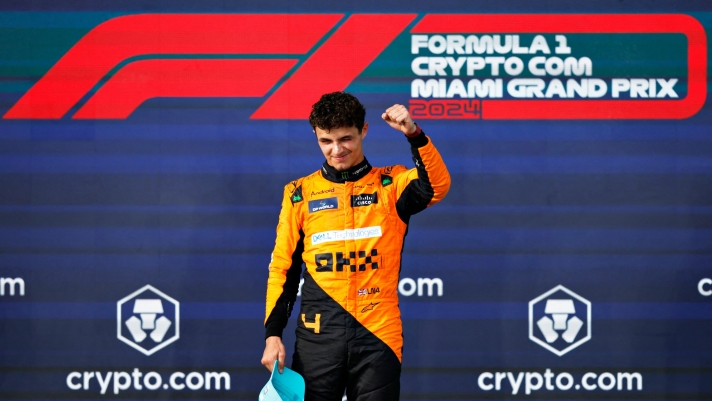 MIAMI, FLORIDA - MAY 05: Race winner Lando Norris of Great Britain and McLaren celebrates on the podium after the F1 Grand Prix of Miami at Miami International Autodrome on May 05, 2024 in Miami, Florida.   Chris Graythen/Getty Images/AFP (Photo by Chris Graythen / GETTY IMAGES NORTH AMERICA / Getty Images via AFP)