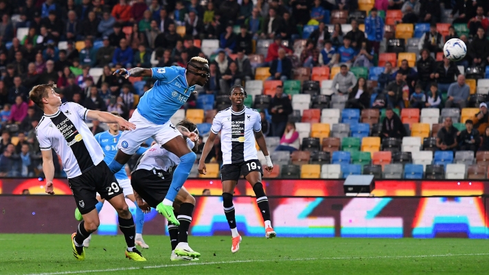 UDINE, ITALY - MAY 06: Victor Osimhen of SSC Napoli scores his team's first goal during the Serie A TIM match between Udinese Calcio and SSC Napoli at Dacia Arena on May 06, 2024 in Udine, Italy. (Photo by Alessandro Sabattini/Getty Images)