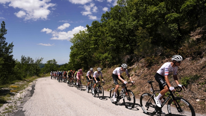 The pack rides cycles during the stage 8 of the of the Giro d'Italia from Spoleto to Prati di Tivo, 11 May 2024 Italy. (Photo by Fabio Ferrari/LaPresse)
