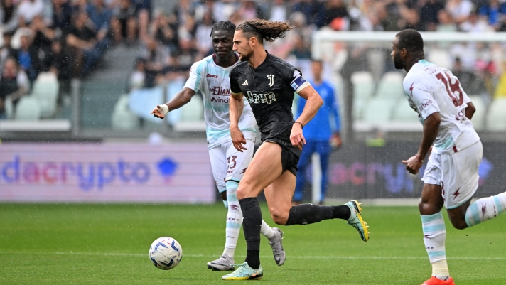 TURIN, ITALY - MAY 12: Adrien Rabiot of Juventus is challenged by Loum Tchaouna of US Salernitana during the Serie A TIM match between Juventus and US Salernitana at Allianz Stadium on May 12, 2024 in Turin, Italy. (Photo by Chris Ricco - Juventus FC/Juventus FC via Getty Images)