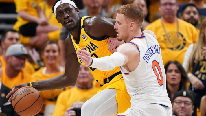 INDIANAPOLIS, INDIANA - MAY 17: Pascal Siakam #43 of the Indiana Pacers dribbles the ball against Donte DiVincenzo #0 of the New York Knicks during the second quarter in Game Six of the Eastern Conference Second Round Playoffs at Gainbridge Fieldhouse on May 17, 2024 in Indianapolis, Indiana. NOTE TO USER: User expressly acknowledges and agrees that, by downloading and or using this photograph, User is consenting to the terms and conditions of the Getty Images License Agreement.   Dylan Buell/Getty Images/AFP (Photo by Dylan Buell / GETTY IMAGES NORTH AMERICA / Getty Images via AFP)