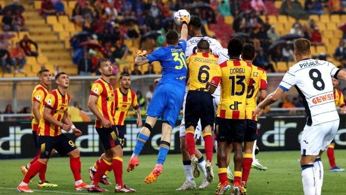 LECCE, ITALY - MAY 18: Gianluca Scamacca of Atalanta scores his teams second goal during the Serie A TIM match between US Lecce and Atalanta BC at Stadio Via del Mare on May 18, 2024 in Lecce, Italy. (Photo by Maurizio Lagana/Getty Images)