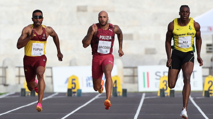 ROME, ITALY - MAY 18: Italy's Lamont Marcell Jacobs (C), Italy's Chituru Ali (R) and Yupun Abeykoon of Sri Lanka run in the men's 100 metres during the Rome 24 Sprint Festival at Stadio dei Marmi on May 18, 2024 in Rome, Italy. (Photo by Paolo Bruno/Getty Images)