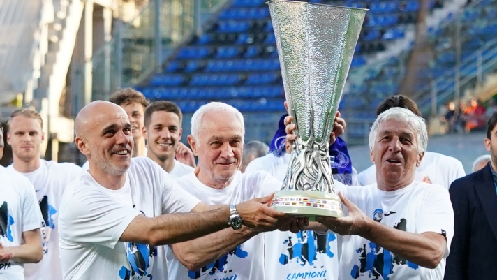 Atalanta?s Giampero Gasperini , Antonio Percassi , Luca Percassi celebrate winning the Europa League  after the Serie A soccer match between Atalanta  and Torino at the Gewiss Stadium  , north Italy - Sunday 26 May , 2024. Sport - Soccer . (Photo by Spada/LaPresse)