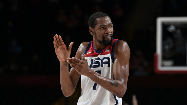 USA's Kevin Wayne Durant reacts during the men's final basketball match between France and USA of the Tokyo 2020 Olympic Games at the Saitama Super Arena in Saitama on August 7, 2021. (Photo by Aris MESSINIS / AFP)