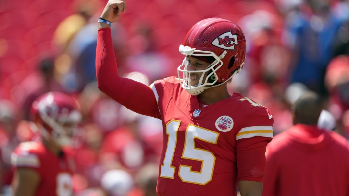 Kansas City Chiefs quarterback Patrick Mahomes (15) warms up before an NFL preseason football game against the Detroit Lions Saturday, Aug. 17, 2024, in Kansas City, Mo. (AP Photo/Charlie Riedel)