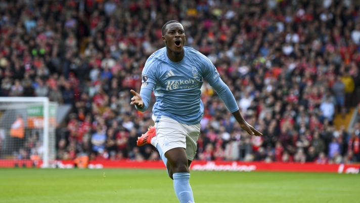 Nottingham Forest's Callum Hudson-Odoi celebrates scoring his side's opening goal during the English Premier League soccer match between Liverpool and Nottingham Forest at Anfield Stadium in Liverpool, England, Saturday, Sept. 14, 2024. (AP Photo/Rui Vieira)