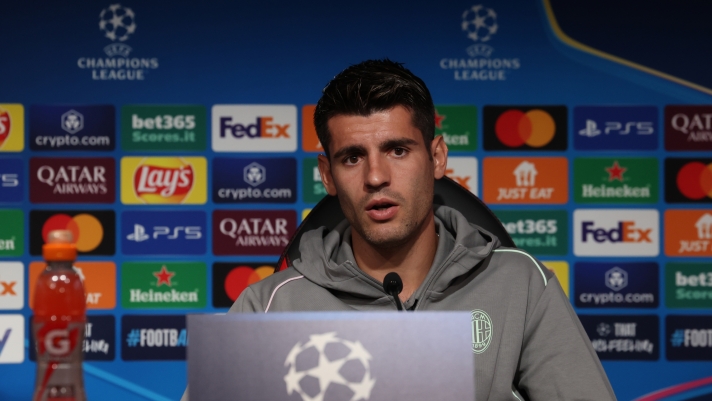 CAIRATE, ITALY - SEPTEMBER 16: Alvaro Morata of AC Milan speaks with the media during press conference at Milanello on September 16, 2024 in Cairate, Italy. (Photo by Claudio Villa/AC Milan via Getty Images)