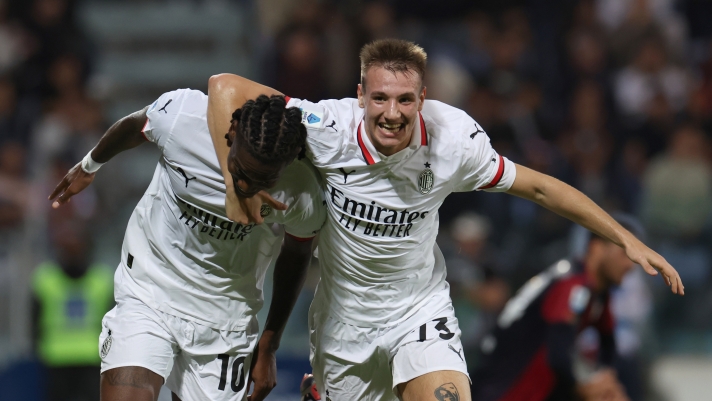 CAGLIARI, ITALY - NOVEMBER 09: Rafael Leao of AC Milan celebrates with Francesco Camarda after scoring the second goal during the Serie match between Cagliari and Milan at Sardegna Arena on November 09, 2024 in Cagliari, Italy. (Photo by Claudio Villa/AC Milan via Getty Images)