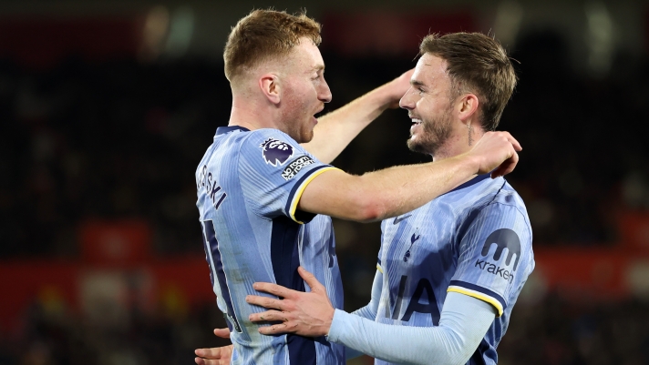 SOUTHAMPTON, ENGLAND - DECEMBER 15: Dejan Kulusevski of Tottenham Hotspur celebrates with teammate James Maddison after scoring his team's third goal during the Premier League match between Southampton FC and Tottenham Hotspur FC at St Mary's Stadium on December 15, 2024 in Southampton, England. (Photo by Dan Istitene/Getty Images)