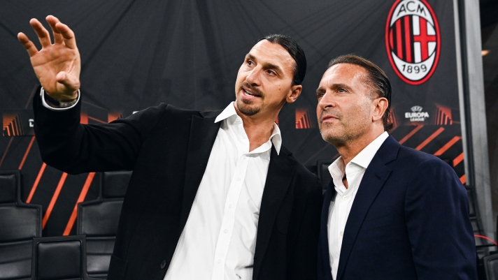 MILAN, ITALY - APRIL 11: Founder and Managing Partner of RedBird Gerry Cardinale talks with Zlatan Ibrahimovic during the UEFA Europa League 2023/24 Quarter-Final first leg match between AC Milan and AS Roma at Stadio Giuseppe Meazza on April 11, 2024 in Milan, Italy. (Photo by Daniele Venturelli - AC Milan/AC Milan via Getty Images)