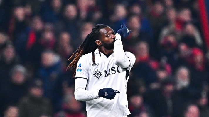 GENOA, ITALY - DECEMBER 21: Frank Anguissa of Napoli celebrates after scoring a goal during the Serie A match between Genoa and Napoli at Stadio Luigi Ferraris on December 21, 2024 in Genoa, Italy. (Photo by Simone Arveda/Getty Images)