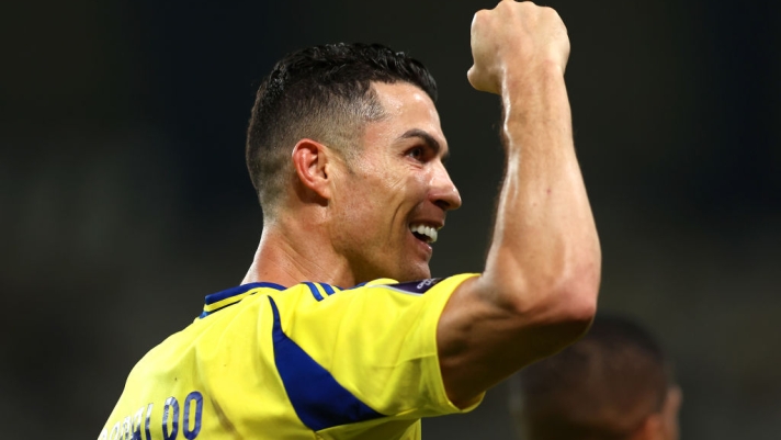 RIYADH, SAUDI ARABIA - NOVEMBER 05: Cristiano Ronaldo of Al-Nassr celebrates scoring the second goal during the AFC Champions League Elite match between Al-Nassr FC and Al Ain FC at Al-Awaal Park on November 05, 2024 in Riyadh, Saudi Arabia. (Photo by Yasser Bakhsh/Getty Images)