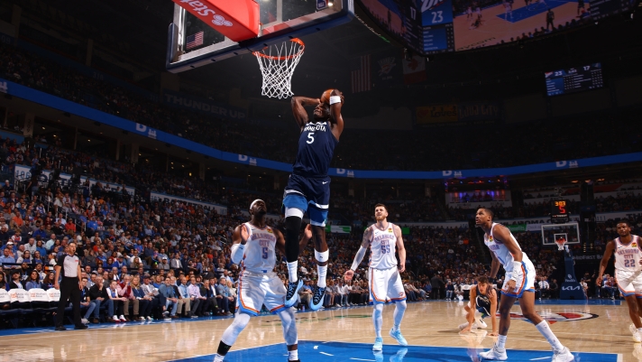 OKLAHOMA CITY, OK - FEBRUARY 24: Anthony Edwards #5 of the Minnesota Timberwolves drives to the basket during the game against the Oklahoma City Thunder on February 24, 2025 at Paycom Center in Oklahoma City, Oklahoma. NOTE TO USER: User expressly acknowledges and agrees that, by downloading and or using this photograph, User is consenting to the terms and conditions of the Getty Images License Agreement. Mandatory Copyright Notice: Copyright 2025 NBAE   Zach Beeker/NBAE via Getty Images/AFP (Photo by Zach Beeker / NBAE / Getty Images / Getty Images via AFP)