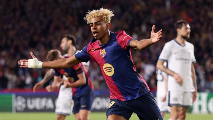 BARCELONA, SPAIN - APRIL 30: Lamine Yamal of FC Barcelona celebrates scoring his team's first goal during the UEFA Champions League 2024/25 Semi Final First Leg match between FC Barcelona and FC Internazionale Milano at Estadi Olimpic Lluis Companys on April 30, 2025 in Barcelona, Spain. (Photo by Carl Recine/Getty Images)