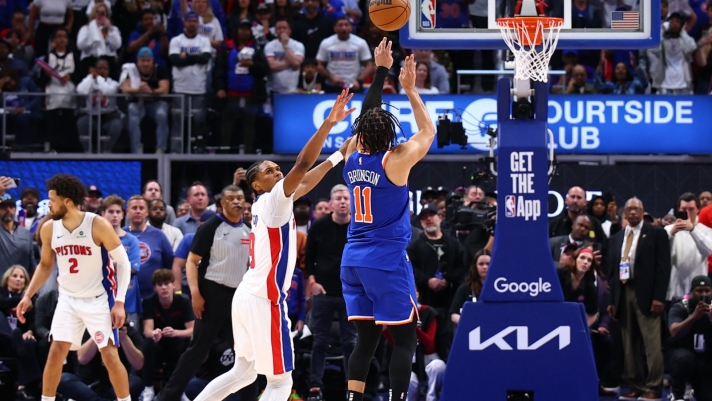 DETROIT, MI - MAY 1: Jalen Brunson #11 of the New York Knicks scores the game winning 3-point basket during the game against the Detroit Pistons during the game against the Detroit Pistons during Round 1 Game 6 of the 2025 NBA Playoffs on May 1, 2025 at Little Caesars Arena in Detroit, Michigan. NOTE TO USER: User expressly acknowledges and agrees that, by downloading and/or using this photograph, User is consenting to the terms and conditions of the Getty Images License Agreement. Mandatory Copyright Notice: Copyright 2025 NBAE David L. Nemec/NBAE via Getty Images/AFP (Photo by David L. Nemec / NBAE / Getty Images / Getty Images via AFP)