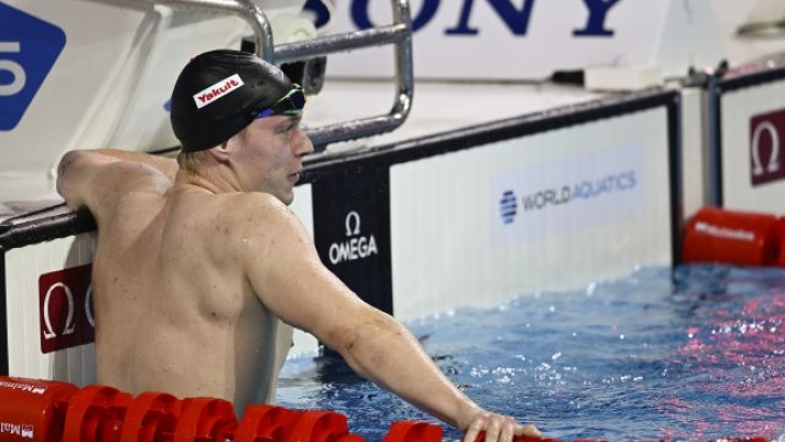 Sven Schwarz of Germany reacts after competing in the Men's 800m Freestyle Heats on day five of the World Short Course Swimming Championships in Budapest, Hungary, Saturday, Dec. 14, 2024. (AP Photo/Denes Erdos)