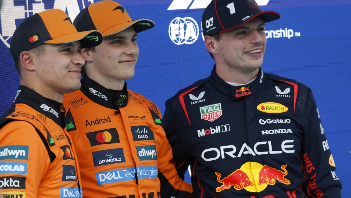 McLaren driver Oscar Piastri of Australia, centre, celebrates his pole position with McLaren driver Lando Norris of Britain, left, and Red Bull driver Max Verstappen of the Netherlands after the qualifying session ahead of the Spanish Grand Prix Formula One race at the Barcelona Catalunya racetrack in Montmelo, near Barcelona, Spain, Saturday, May 31, 2025. (AP Photo/Joan Monfort)
Associated Press / LaPresse
Only italy and spain