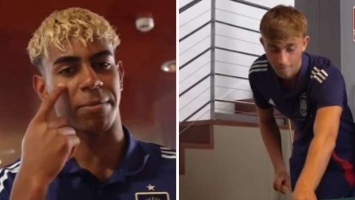 Spain players Lamine Yamal, Gavi and Huijsen challenging each other at billiards.