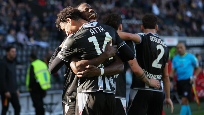 Keinan Davis of Udinese celebrates scoring his team's second goal with teammate Arthur Atta during the Serie A match between Udinese Calcio and US Lecce at Stadio Friuli on October 25, 2025 in Udine, Italy. (Photo by Timothy Rogers/Getty Images)