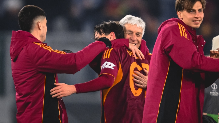 ROME, ITALY - JANUARY 22: Gian Piero Gasperini and NiccolÃ² Pisilli after the UEFA Europa League 2025/26 League Phase MD7 match between AS Roma and VfB Stuttgart at Stadio Olimpico on January 22, 2026 in Rome, Italy. (Photo by Fabio Rossi/AS Roma via Getty Images)