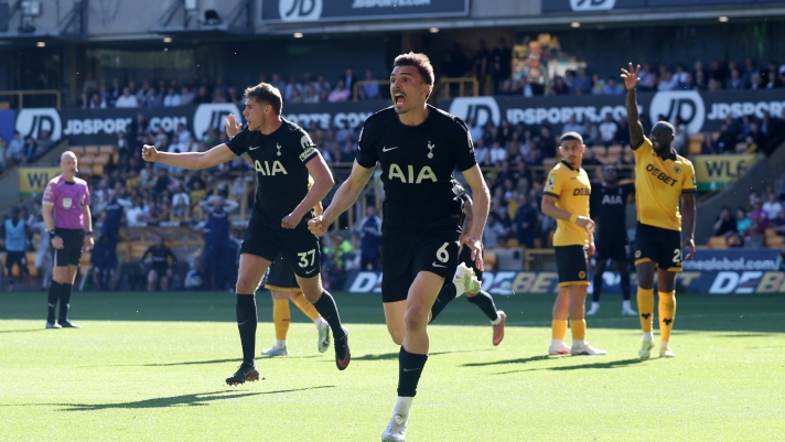  Joao Palhinha of Tottenham Hotspur celebrates scoring his team's first goal during the Premier League match between Wolverhampton Wanderers and Tottenham Hotspur at Molineux on April 25, 2026 in Wolverhampton, England. (Photo by Michael Steele/Getty Images)