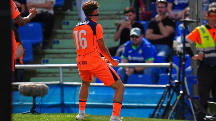 Barcelona's Fermin Lopez celebrates scoring his side's opening goal during the Spanish La Liga soccer match between Getafe and Barcelona in Getafe, Spain, Saturday, April 25, 2026. (AP Photo/Manu Fernandez)