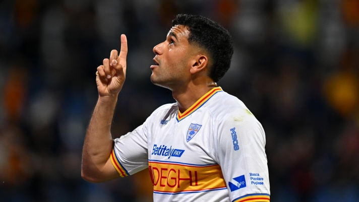 SASSUOLO, ITALY - MAY 17: Walid Cheddira of US Lecce celebrates scoring his team's second goal during the Serie A match between US Sassuolo Calcio and US Lecce at Mapei Stadium Citta del Tricolore on May 17, 2026 in Sassuolo, Italy. (Photo by Alessandro Sabattini/Getty Images)
