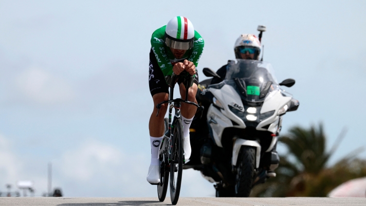 INEOS Grenadiers Italian rider Filippo Ganna competes during the 10th stage of the Giro d'Italia 2026 - Tour of Italy cycling race, 42km individual time trial between Viareggio and Massa on May 19, 2026. (Photo by Luca Bettini / AFP)