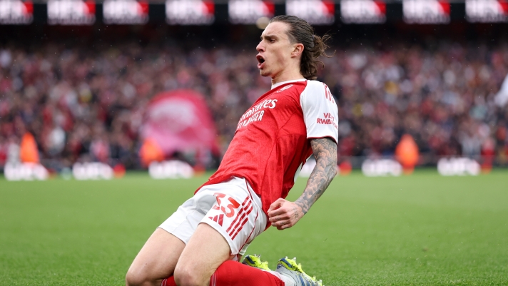LONDON, ENGLAND - MAY 02: Riccardo Calafiori of Arsenal celebrates after scoring a goal which was later ruled out for offside during the Premier League match between Arsenal and Fulham at Emirates Stadium on May 02, 2026 in London, England. (Photo by Justin Setterfield/Getty Images)