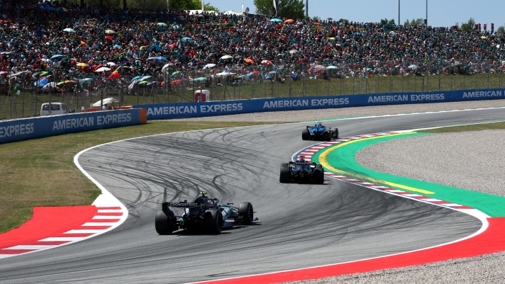  George Russell of Great Britain driving the (63) Mercedes AMG Petronas F1 Team W17 leads Andrea Kimi Antonelli of Italy driving the (12) Mercedes AMG Petronas F1 Team W17 on track during the F1 Grand Prix of Barcelona-Catalunya at Circuit de Barcelona-Catalunya on June 14, 2026 in Barcelona, Spain. (Photo by Clive Rose/Getty Images)