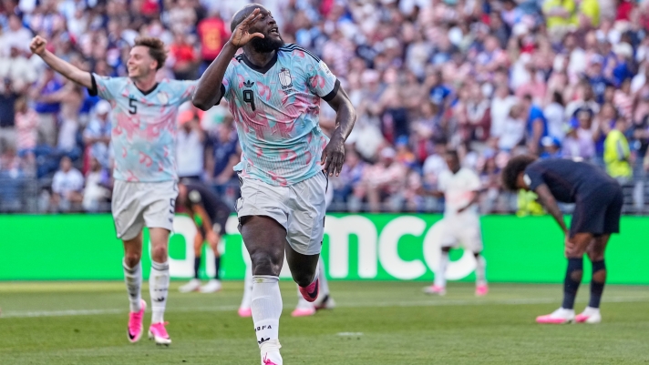 Belgium's Romelu Lukaku (9) celebrates after scoring his team's fourth goal during the World Cup round of 16 soccer match between the United States and Belgium in Seattle, Monday, July 6, 2026. (AP Photo/Lindsey Wasson)