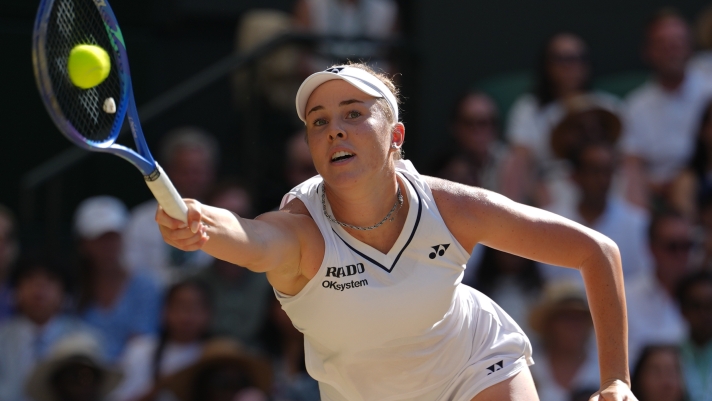 Linda Noskova of Czech Republic returns the ball to Karolina Muchova of Czech Republic in the women's singles final at Wimbledon Tennis Championships in London, Saturday, July 11, 2026. (AP Photo/Kirsty Wigglesworth)