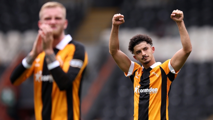  Mohamed Belloumi of Hull City celebrates after victory in the Premier League 2026/27 match between Hull City and Manchester United at MKM Stadium on August 22, 2026 in Hull, England. (Photo by George Wood/Getty Images)