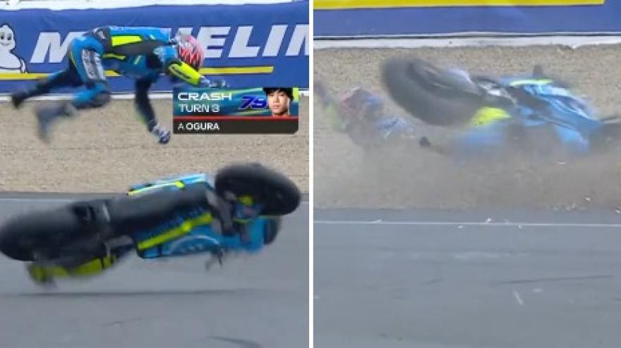 Pauroso incidente in MotoGP, Ogura viene schiacciato dalla moto