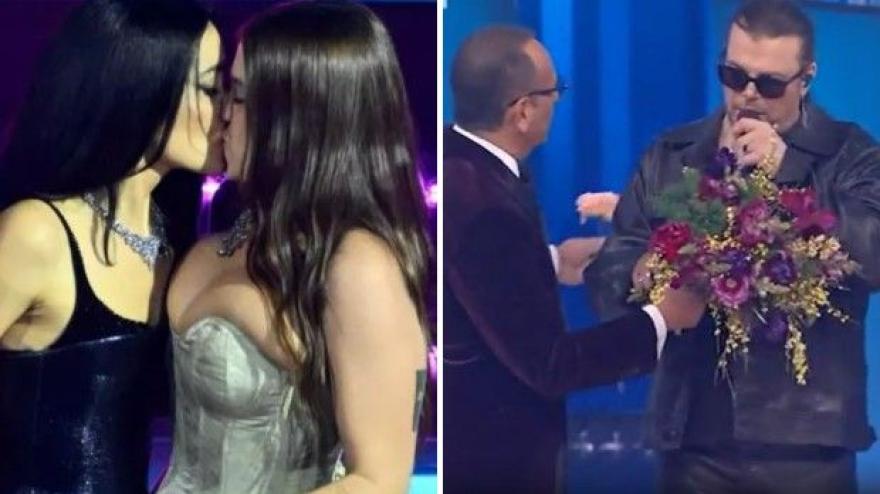 Sanremo: Levante-Gaia, bacio censurato. Poi la frecciatina di Grignani a Laura Pausini