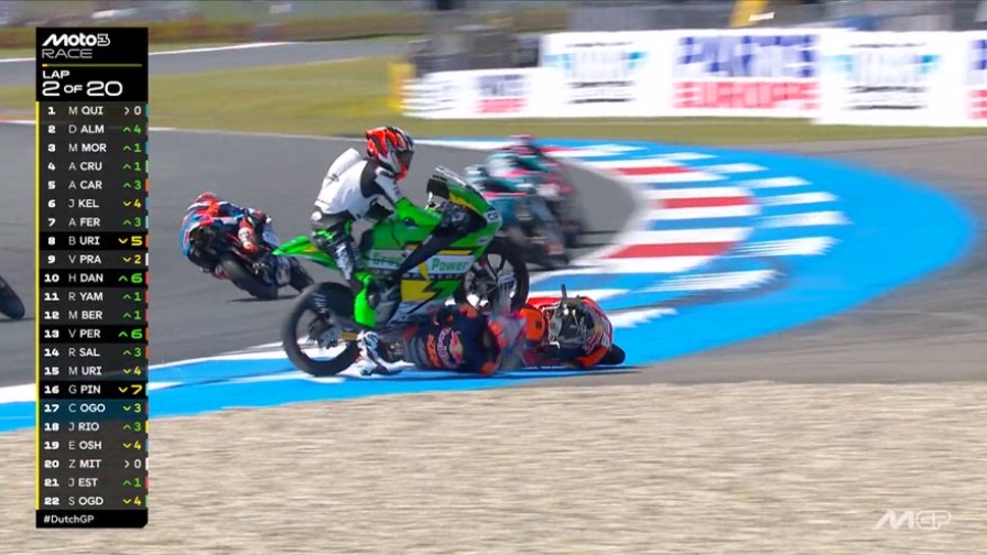 Terrore in Moto3, Carpe passa con la moto sopra Cruces: piloti illesi
