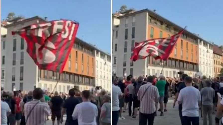 Baresi, il bandierone col 6 sventola fiero davanti alla Basilica di Sant'Ambrogio