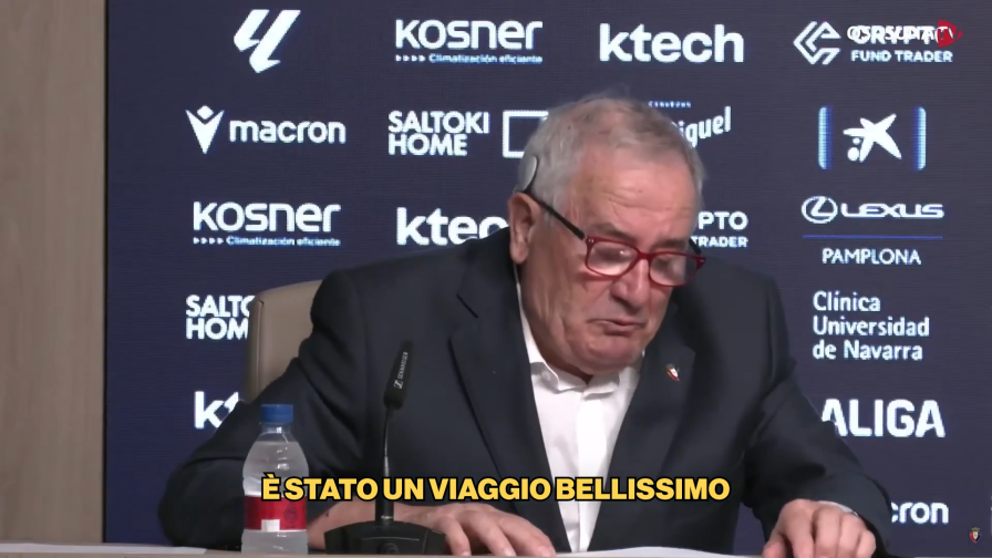 Il presidente dell'Osasuna scoppia a piangere salutando il Ds: la scena commuove la sala stampa
