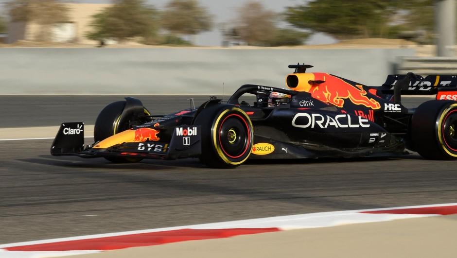 Red Bull's Dutch driver Max Verstappen drives during the third day of Formula One (F1) pre-season testing at the Bahrain International Circuit in the city of Sakhir on March 12, 2022. (Photo by Mazen Mahdi / AFP)