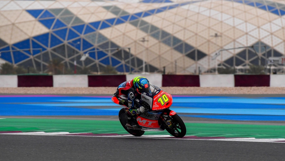 epa09801194 Brazilian Moto3 rider Diogo Moreira of the MT Helmets - MSI team in action during a free practice session for the Motorcycling Grand Prix of Qatar at the Losail International Circuit in Doha, Qatar, 04 March 2022. The 2022 MotoGP World Championship season's first race will be held at Losail International Circuit on 06 March.  EPA/NOUSHAD THEKKAYIL