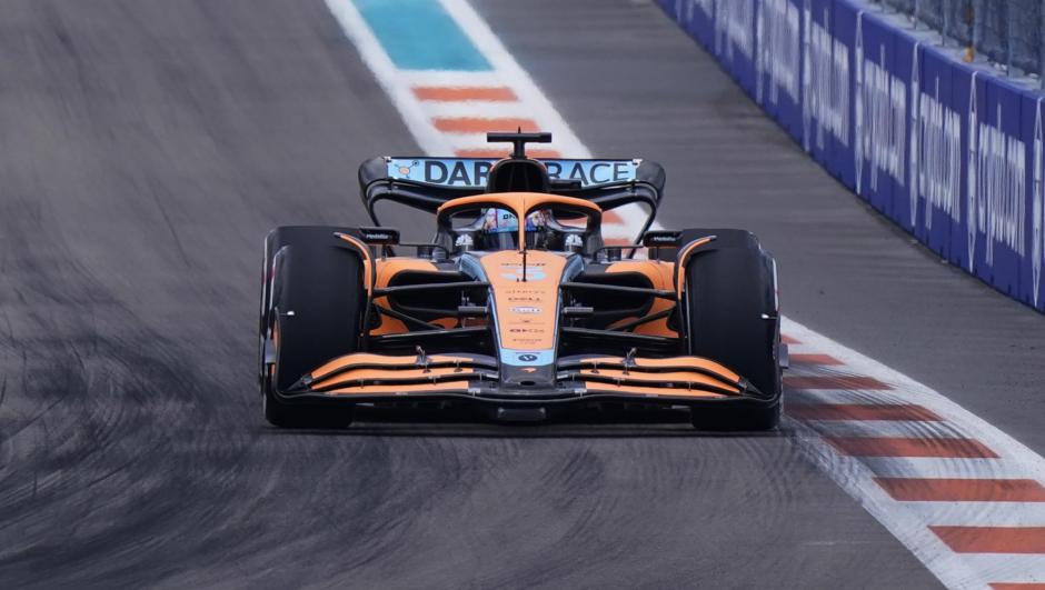 McLaren driver Daniel Ricciardo of Australia drives his car the third practice session for the Formula One Miami Grand Prix auto race at the Miami International Autodrome, Saturday, May 7, 2022, in Miami Gardens, Fla. (AP Photo/Wilfredo Lee)