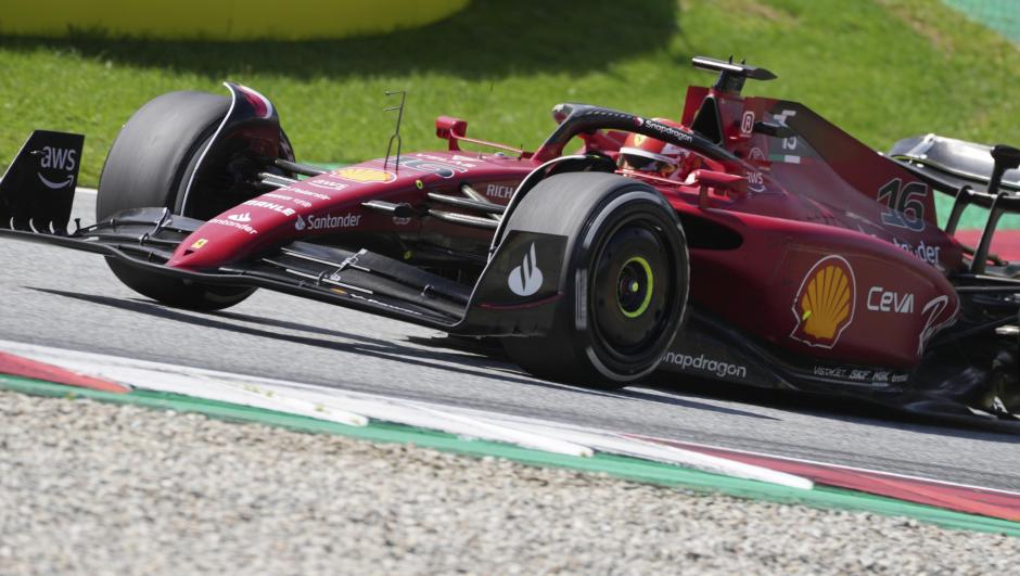 Ferrari driver Charles Leclerc of Monaco steers his car during the Austrian F1 Grand Prix at the Red Bull Ring racetrack in Spielberg, Austria, Sunday, July 10, 2022. (AP Photo/Matthias Schrader)