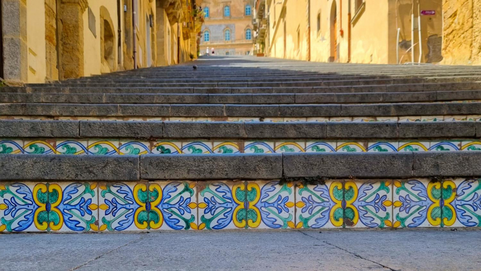 Decorative ceramic tiles of Scala in Caltagirone against clear blue sky