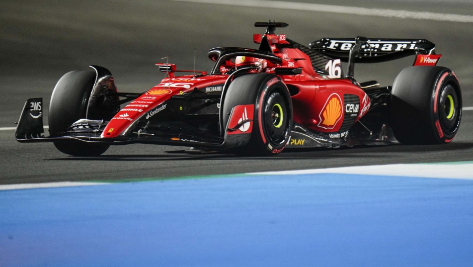Ferrari driver Charles Leclerc of Monaco steers his car during the qualifying session ahead of the Formula One Grand Prix at the Jeddah corniche circuit in Jeddah, Saudi Arabia, Saturday, March 18, 2023. (AP Photo/Hassan Ammar)
