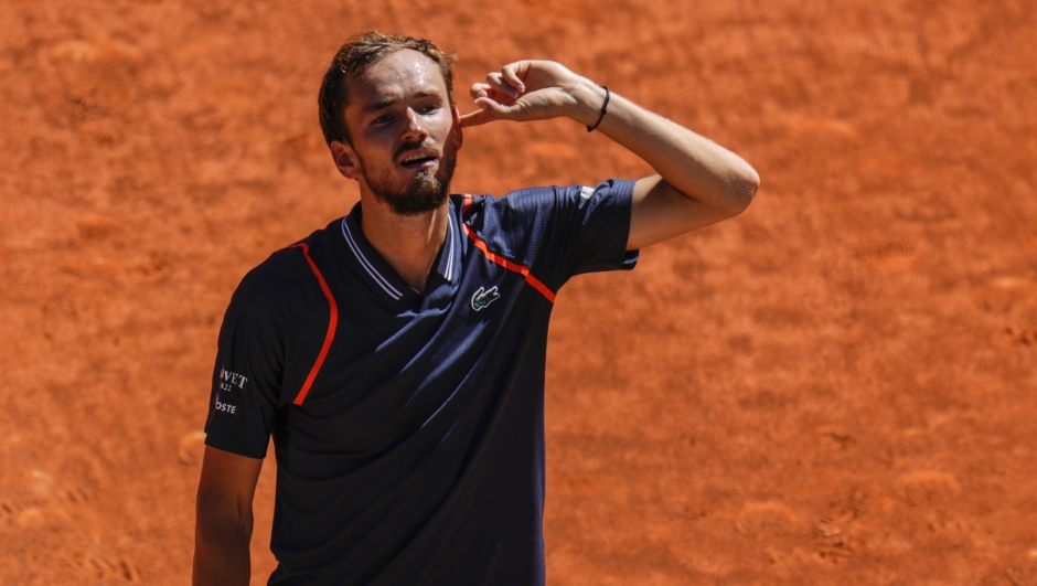 Daniil Medvedev, of Russia, gestures to the public during his match against Alexander Shevchenko, of Russia, at the Madrid Open tennis tournament in Madrid, Spain, Monday, May 1, 2023. (AP Photo/Manu Fernandez)