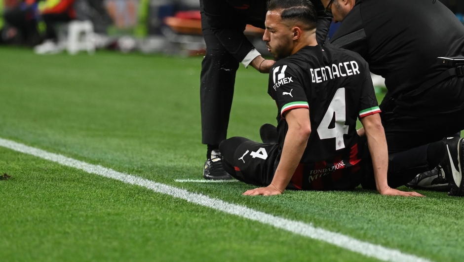 Ismael Bennacer of AC Milan reacts during the UEFA Champions League semi-final first leg match between AC Milan and FC Internazionale at San Siro on May 10, 2023 in Milan, Italy. (Photo by Claudio Villa/AC Milan via Getty Images)