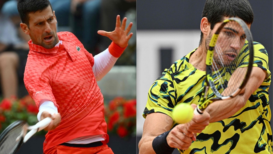 (COMBO/FILES) This combination of file photographs created on May 25, 2023, shows Serbia's Novak Djokovic (L) as he returns to Denmark's Holger Rune during their quarterfinals match of the Men's ATP Rome Open tennis tournament at Foro Italico in Rome on May 17, 2023 and Spain's Carlos Alcaraz (R) as he returns to Hungary's Fabian Marozsan during their third round match of the Men's ATP Rome Open tennis tournament at Foro Italico in Rome on May 15, 2023. Novak Djokovic could face world number one Carlos Alcaraz in the semi-finals of the French Open after both players were placed in the same half of the draw on May 25, 2023.  Djokovic is chasing a record 23rd men's Grand Slam title in the absence of the injured Rafael Nadal, who will miss the tournament at Roland Garros for the first time since his 2005 title-winning debut. (Photo by Filippo MONTEFORTE and Tiziana FABI / AFP)